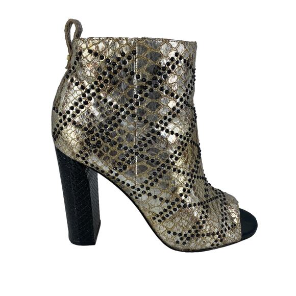Women's CALVIN KLEIN Size 7.5 Jules Bootie High Heel Metallic Peep Toe Studs - Picture 1 of 15